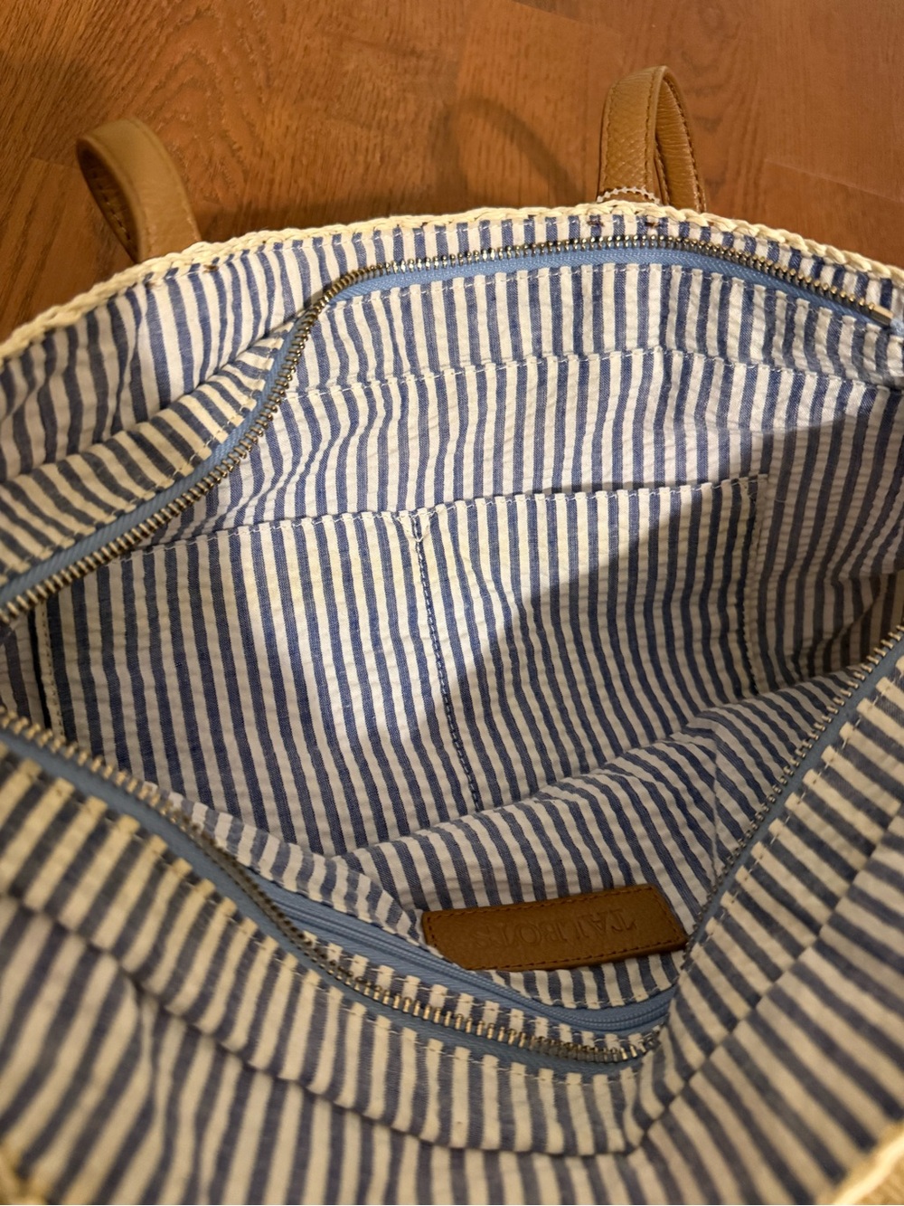 Talbots Woven Straw Tote Bag | Blue Seersucker Lining | Coastal Preppy Beach Bag - Picture 9 of 11